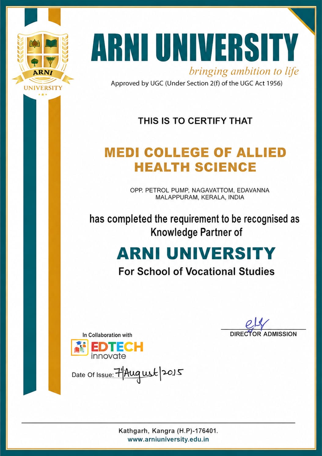 Arni University Certificate
